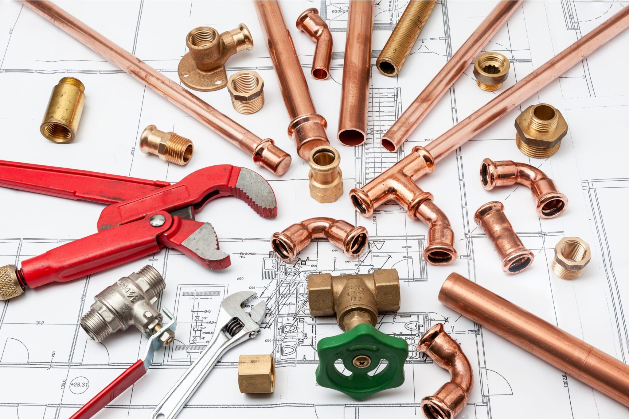 Copper pipes, fittings, valves, and plumbing tools in Battleground