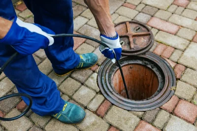 Plumber cleaning an outdoor sewer drain in Battleground