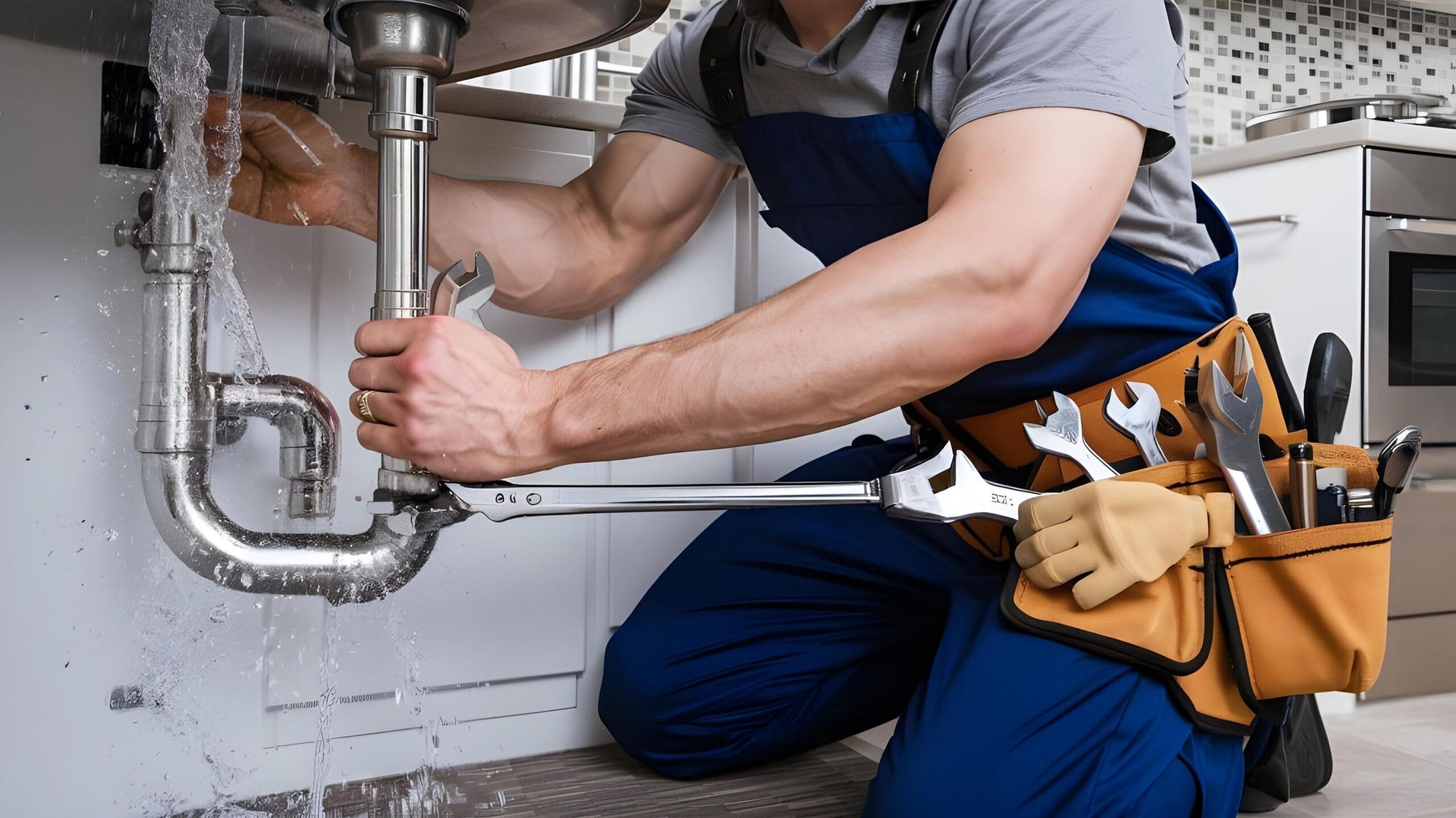 Plumber tightening a residential plumbing pipe in Battleground