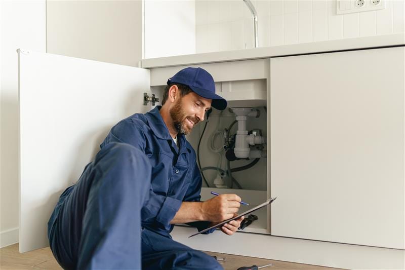 Residential plumber reviewing plumbing repairs in a Battleground kitchen
