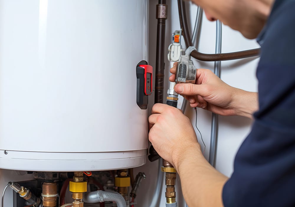 Technician repairing pipes connected to a water heater in Battleground